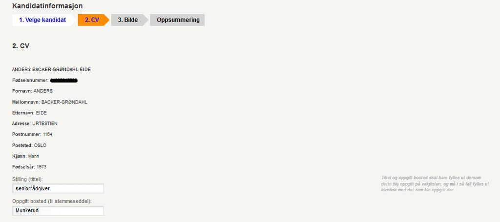2. CV INFORMASJON FRA VALGLISTESIDEN Sjekk alle opplysningene som finnes om