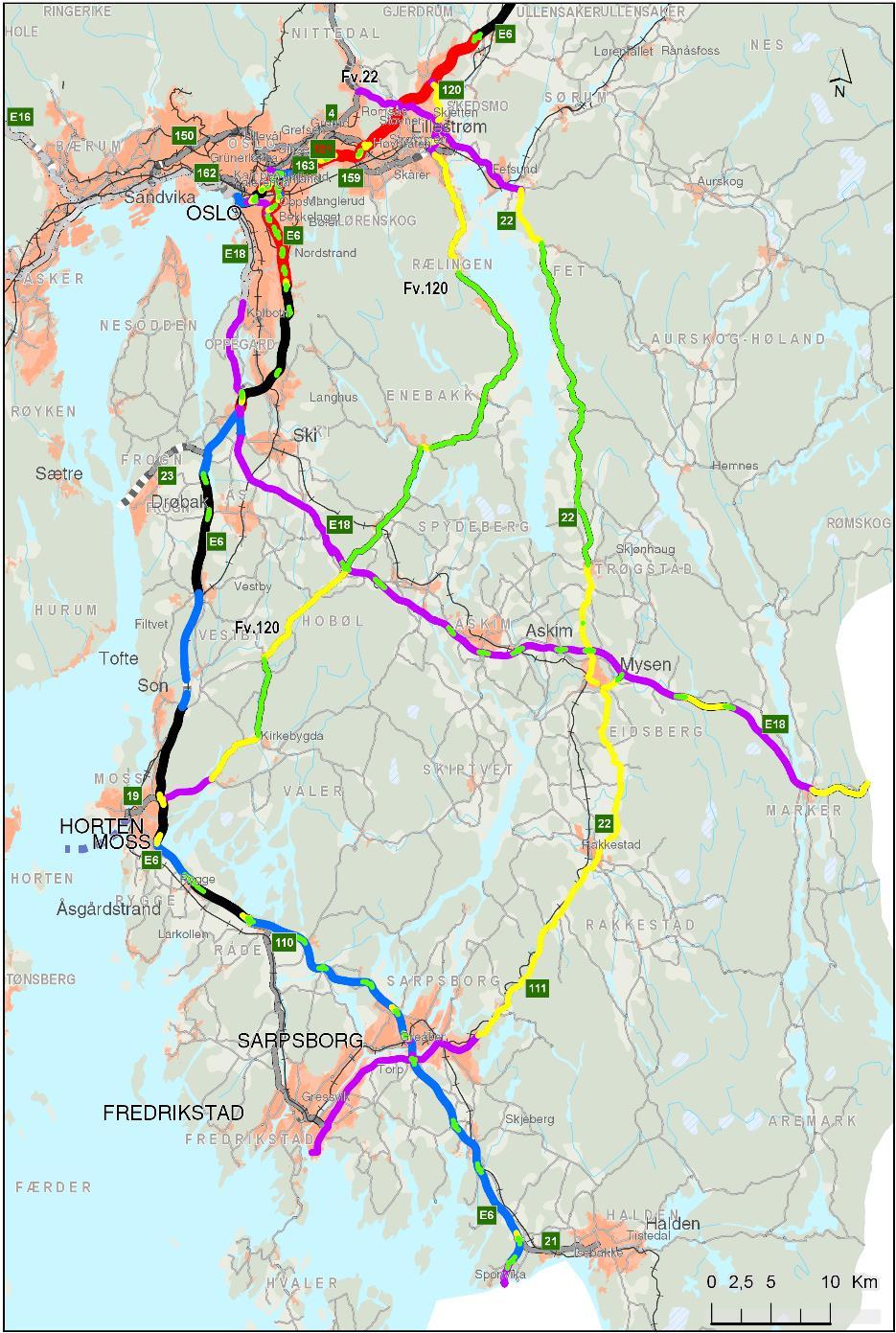 Figur 14. ÅDT i 2018 for kjøretøy > 5,6 m (tunge kjøretøy) Lite tilrettelagt for modulvogntog I gjeldende NTP 2018-2029 er det et ønske om at norske veier legges til rette for modulvogntog 13.