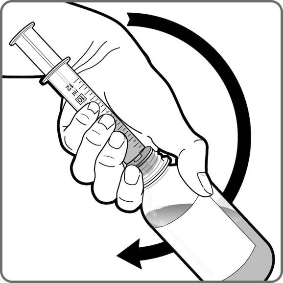 5. Snu flasken med sprøyten opp-ned mens du holder sprøytetuppen bestemt på plass i flasken. 6.