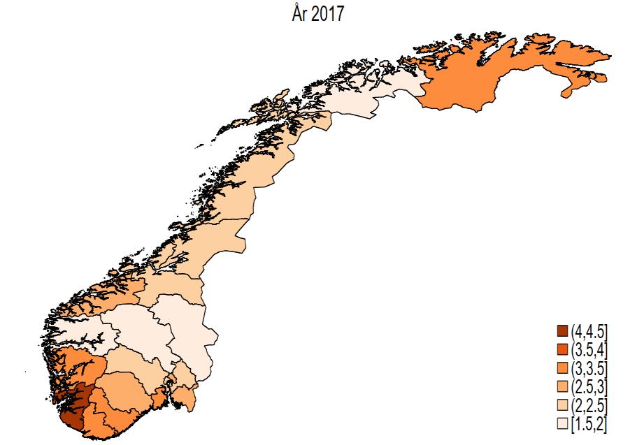 Figur 4.11 Gjennomsnittlig arbeidsledighetsrate i perioden januar til oktober, etter fylke 18 Kilde: Arbeids- og velferdsdirektoratet.