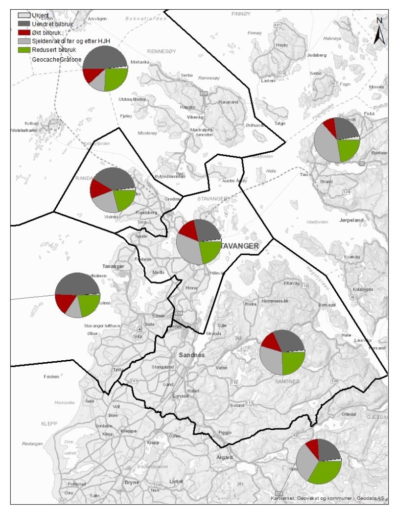 Individuell endring av reisemiddelvalg Individuell endring av bilbruk fra før til etter HJH (n=6434) Ukjent