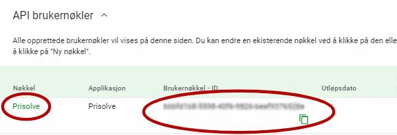 Kopier «Brukernøkkel ID» til senere. Klikk på nøkkelnavnet «Prisolve» Skriv «2021-12-31» i «Utløpsdato»-feltet og «Lagre» nederst på siden i Tripletex.