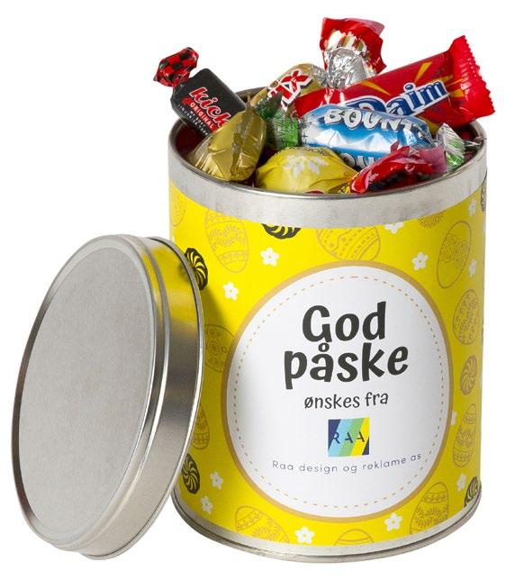 116577 Hermetikkboksen 400 g Metallboks fylt med 400 g assortert sjokolade. Eget påsketrykk på etikett rundt boksen er inkludert i prisen.