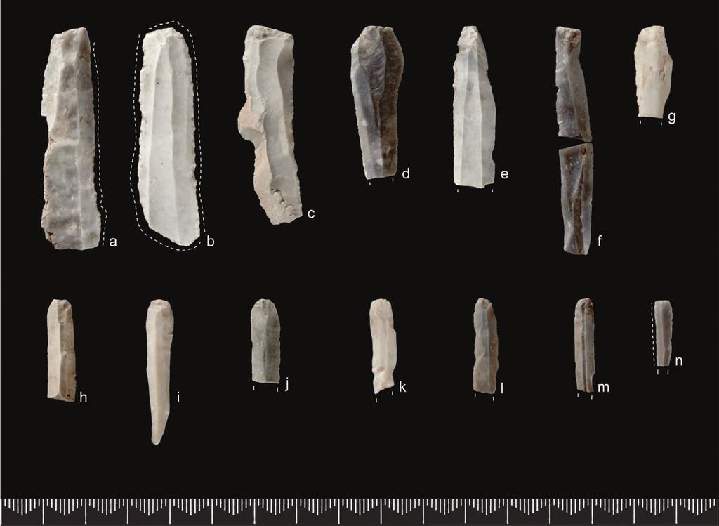 Figur 9.4. Gjenstander av flint fra Gunnarsrød 7. Skjevtrekantmikrolitter (a d), borspisser (e f ) og skrapere (h j). Foto: Ellen C. Holte, KHM. Figure 9.4. Flint artefacts from Gunnarsrød 7.