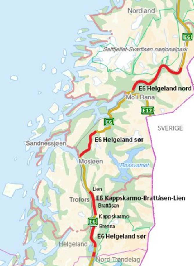 E6 Helgeland E6 Helgeland består av tre delprosjekter: 62 km Helgeland nord: Korgen-Bolna Vegutviklingskontrakt 22 km Kapskarmo-Brattåsen-Lien (Ikke startet) 58 km Helgeland sør: NT-grense-Korgen