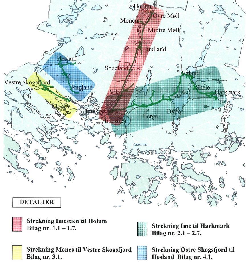 5.14 Teknisk infrastruktur Bildet viser skjematisk strekninger for planlagte avløpshovedanlegg innenfor Grønvika rensedistrikt, iht. avløpsplanen for Mandal kommune fra 2010.