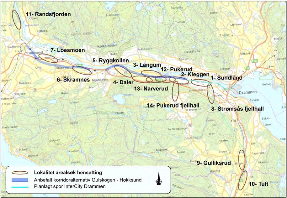 22 av 69 Alternativ # Navn Avstand fra Drammen stasjon #1 Sundland Ca. 1,5 km vest #2 Kleggen Ca. 3,5 km vest #14 Pukerud fjellhall Ca. 3,5 km vest #12 Pukerud Ca. 4,0 km vest #3 Langum Ca.