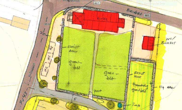 Planbeskrivelse Kvås kirke 11 Atkomst til kirka fra parkering og HC parkering 4.4 Hensynssoner 4.4.1 Faresone høyspenningsanlegg Areal for dagens trafo er faresone. 4.4.2 Frisikt Frisiktsoner er markert i plankartet.