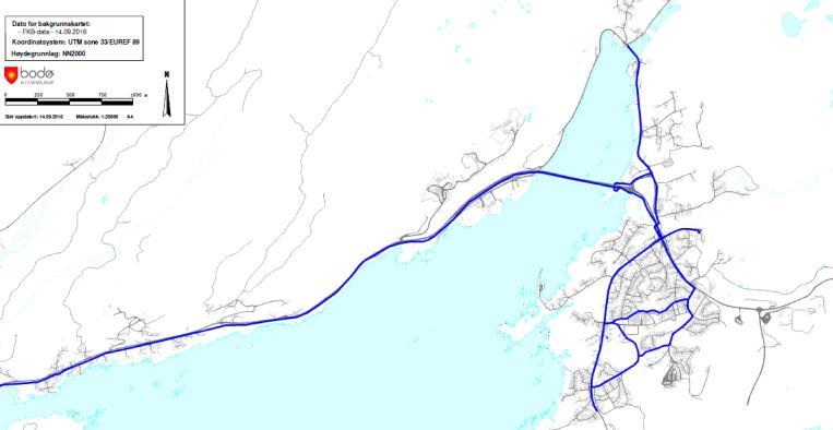 Kartet viser sykkelrutenettet i byutviklingsområdet. De røde rutene skal prioriteres de neste fire årene. I dette kartet vises ikke sykkelrutene som er under planlegging eller gjennomføring.