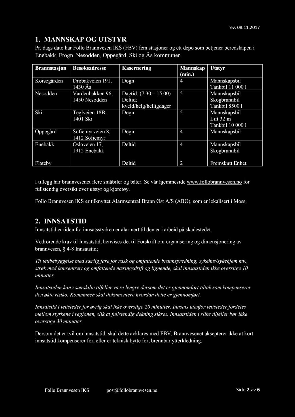 1. MANNSKAP OG UTS T YR Pr. dags dato har Follo Brannvesen IKS (FB V ) fem stasjo ner o g ett depo som betjener beredskapen i Enebakk, Frogn, Nesodden, Oppegård, Ski og Ås kommuner.