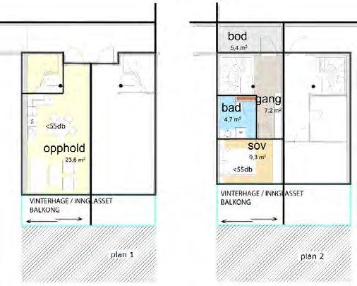 NYHAVNA ØVRE 9/10 Figur 2 Planløsning med vinterhage / innglasset balkong for leilighetene over 2 plan (plan 1 og 2) langs Ladebekken I T-12 er det oppgitt anbefalte grenseverdier for maksimalnivå