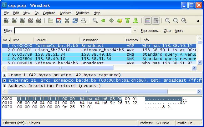 Datateknikk TELE1004-A 13H HiST-AFT-EDT Delemne digitalteknikk og datakommunikasjon Øving 7; løysing Oppgåve: Protokollanalysatoren Wireshark a) Marker ramme nr. 1 i det øvste feltet.