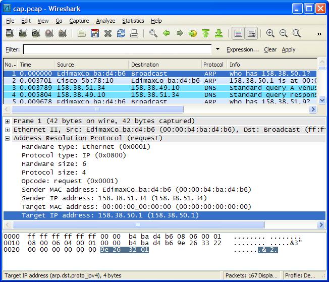 Adressa er koda som 0x9e263201. * Kvifor er feltet «Target MAC address» tomt?