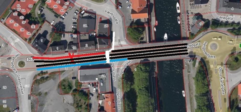 Tiltak 5 Alternativ 2. Figur14 : Viser forslag til tiltak uten sykkelfelt over Kanalbrua. Kollektivfelt (blå), sykkelfelt (rød), kjørefelt (sort) 3.2.5 Nye gang- og sykkelbruer over Kanalen Beskrivelse av tiltaket: Nye gang- og sykkelbruer over Kanalen som knyttes til hovednett for sykkeltrafikk på begge sider av Kanalen.