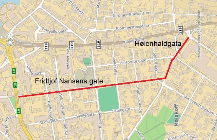 3.4.3 Sykkeltrasé Malakoff Vogts gate Beskrivelse av tiltaket: Strekningen langs Fridtjof Nansens gate og Høienhaldgata er ca. 770 meter lang og ligger nær Moss sentrum.
