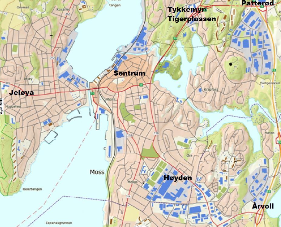 2. Trafikksituasjonen i Moss med spesiell vekt på rv. 19 2.1 Generelt om Moss Moss har to forbindelser med E6, i nord ved Patterødkrysset og i sør ved Årvollkrysset (figur 2).