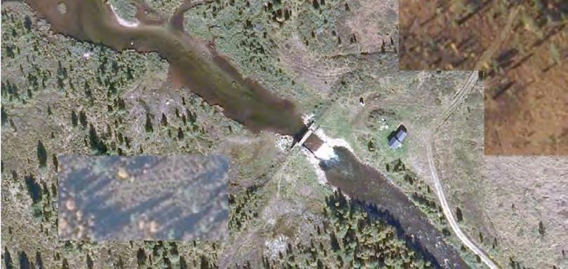 Flyfoto ovenfor viser området rundt brua over Frya der det er omsøkt etablering av vei innenfor Frydalen landskapsvernområde.
