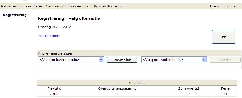 Registrering Registreringsbildet gir deg mulighet til å registrere deg inn eller ut av tidssystemet. I dette skjermbildet er det også mulig å angi fravær og overtidskode.