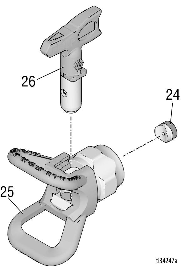 Dyse og dyseholder Deler Ref. Del Beskrivelse Ant 24 246453 OneSeal, RAC X (5-stk.) 1 248936 SETT, LØSEMIDDEL, RAC X 1 17P501 OneSeal, FFLP (5-stk.