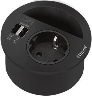 Circle80 EVOline Circle80 er et nytt smart produkt som gir deg enkel tilgang til stikkontakt, to USB-ladere (en med hurtiglading) og plass til nettverk (eller annen kabel) i en og samme boks.