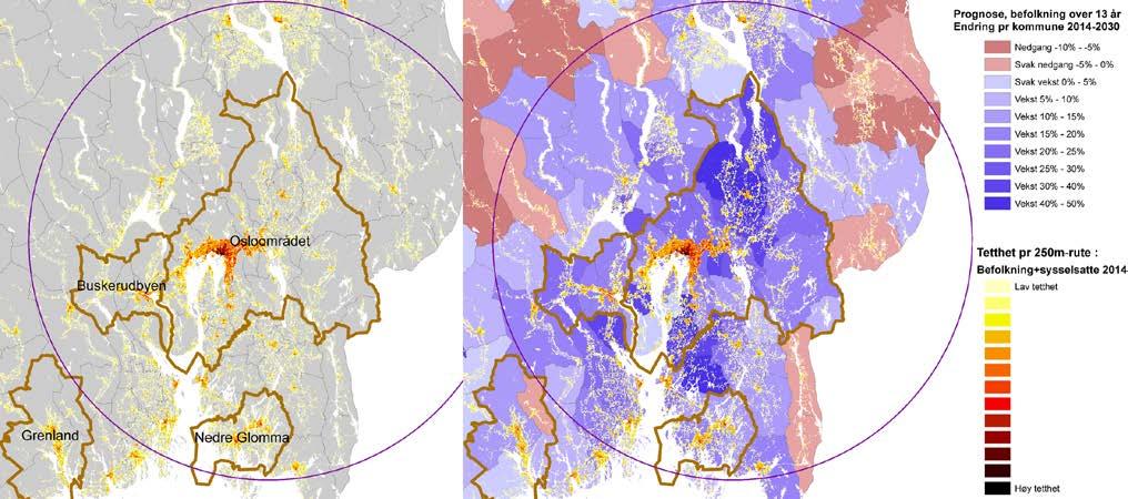 befolkningsvekst for byområdene, hvor byenes omegnskommuner får høyest prosentvis vekst. Kommuner med høye vekstrater finnes også i tilgrensende områder utenfor og mellom de definerte byområdene.