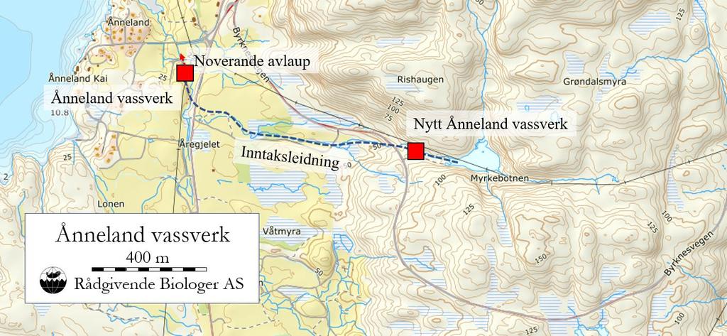 Figur 4. Noverande og nytt Ånneland vassverk med same inntak i vatn i Myrkebotnen, vassleidning og avlaup til vassdraget.