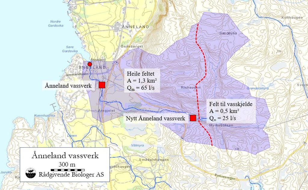 ÅNNELANDSVASSDRAGET Ånnelandsvassdraget er 1,3 km² stort ved utløp til sjøen i vest, medan feltet til vasskjelda i Myrkebotnen berre er på 0,5 km².