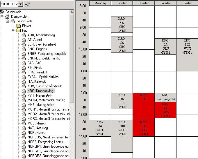 2.4 Timeplan med utgangspunkt i fag. En annen måte å arbeide med Timeplan på, er å planlegge all undervisning i et fag, f eks knyttet til et rom. Et eksempel på dette kan være KRO, Kroppsøving.