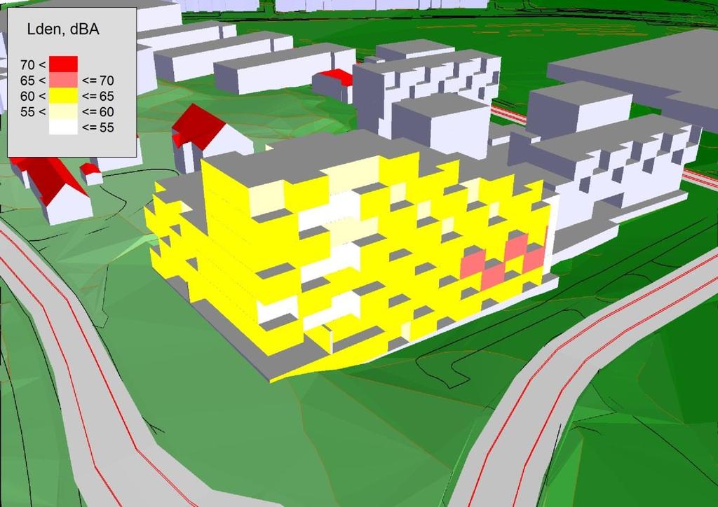 Figur 5. Beregnet ekvivalent lydnivå fra veitrafikk på fasader mot N.