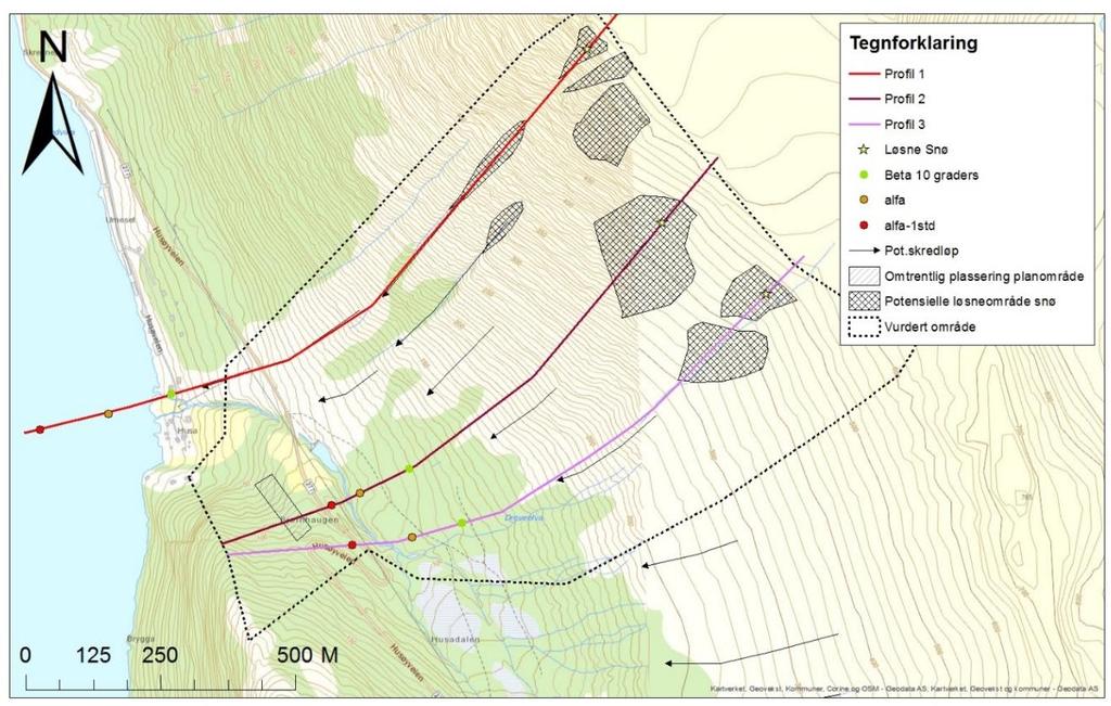 Figur 13. Kart som viser teoretiske snøskredsberegninger med alfa/beta metoden, langs utvalgte skråningsprofiler. Vurdering av snøskredfare Gjennom en samlet vurdering av bl.a. befaring, skredhistorikk, intervjuer med lokalkjente, simuleringer/beregninger og erfaring vurderes det aktuelle planområdet vurderes til å ligge utenfor utløpsområde for snøskred.