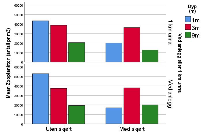 Zooplankton-tetthet ved anlegg 4, m/u skjørt Mengde og dybdefordeling er lik ved anlegg og 1 km unna Forskjell med og uten skjørt, både ved anlegg og