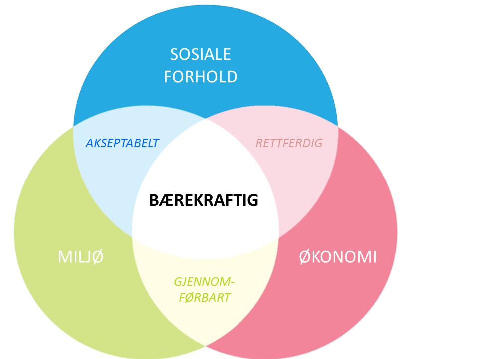 Bærekraftig utvikling For at en utvikling skal være bærekraftig, må det alltid tas hensyn til tre perspektiver;