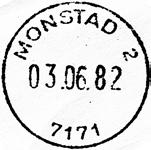 ? MONSTAD 2 Innsendt?? 7171 Stempel nr. D1 Type: DN Utsendt?? POSTVERKET Litra M 7176 LINESØYA Innsendt?