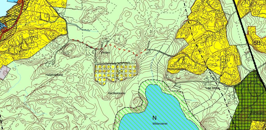 Kommunedelplan (KDP) Området er i kommunedelplan for Mildehalvøya (planid: 15740000, vedtatt 02.03.2006) vist som LNFområde. Nord i området går en turvegtrasé mellom Litle Milde og Hjellestadvarden.