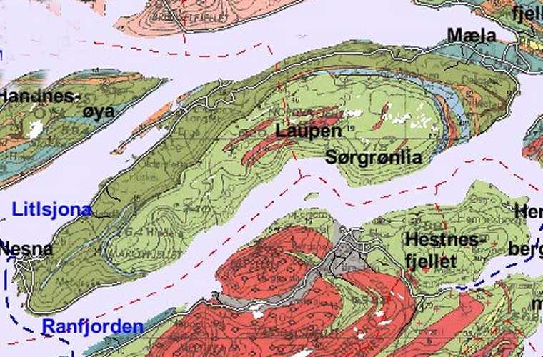 (Berggrunnskart, NGU 2006). Alle disse bergartene er sure bergarter. Som gjennomsnitt i vindparken estimeres det at 60 % er bart fjell.