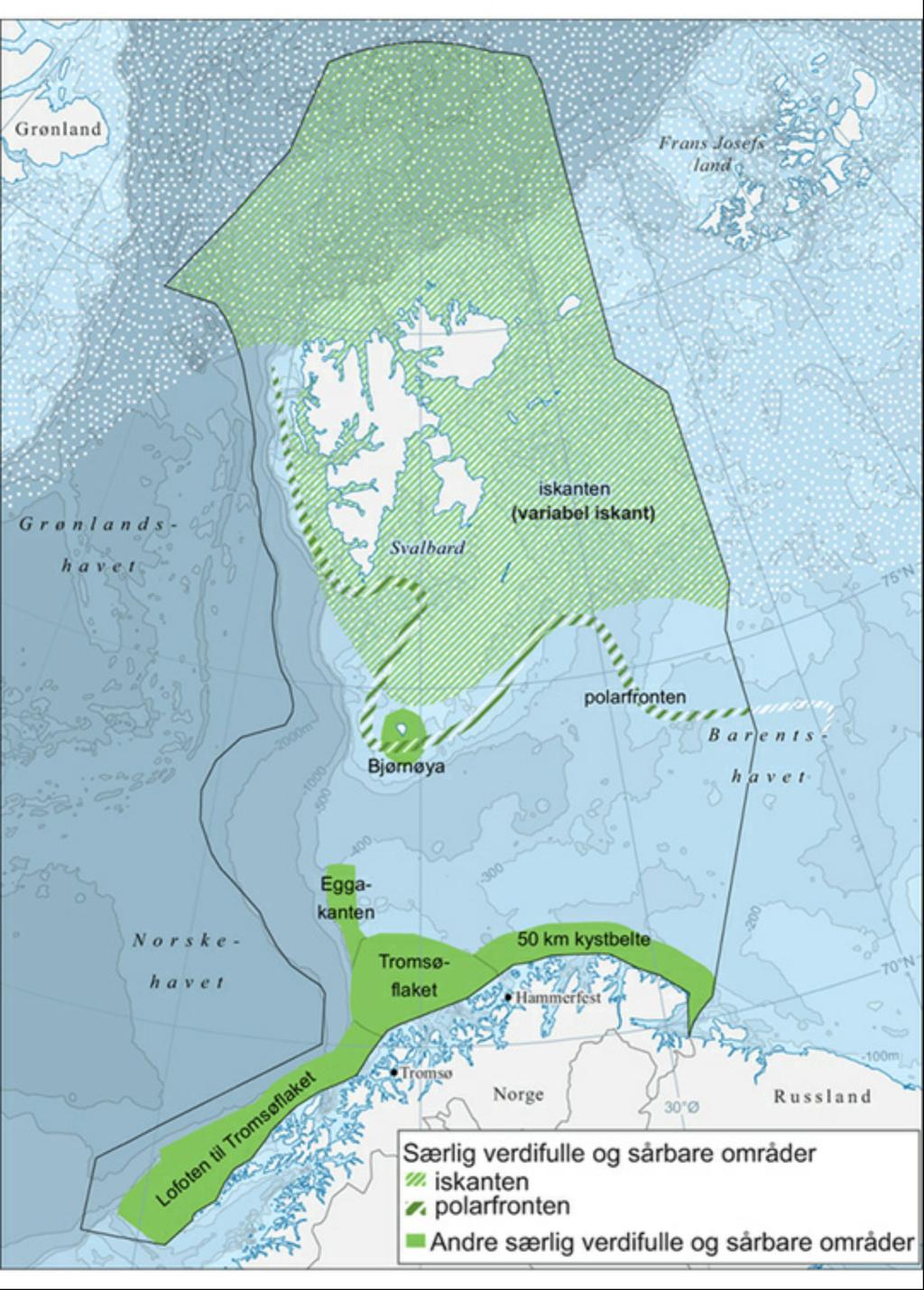 Seismikk Figur 3.2.1. Oversikt over særlig verdifulle og sårbare områder i Barentshavet. Avgrensningen av iskanten er satt på grunnlag av data for isutbredelse i perioden 1985 2014.