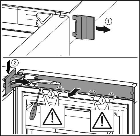 Oppstart 4.3.1 Ta av lukkedemperen Fig. 10 u Press lasken med skrutrekkeren. Fig. 10 (1) u Trekk dekselet ut av låseholderen. Fig. 10 (2) Fig. 8 u Åpne døren. PASS PÅ Fare for skader!