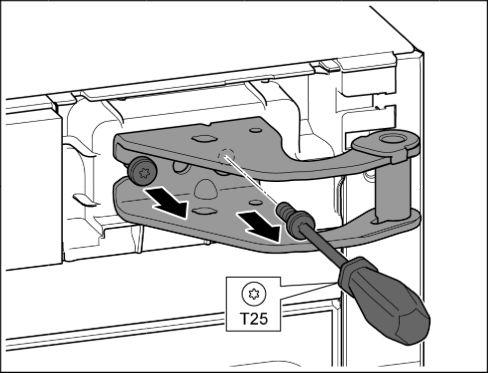 Oppstart Fig. 12 u Skru ut begge skruene med skrutrekker T25. u Løft lagerbukken opp og av. Fig. 11 FORSIKTIG Fare for personskade hvis døren slår ut! u Hold døren godt fast.