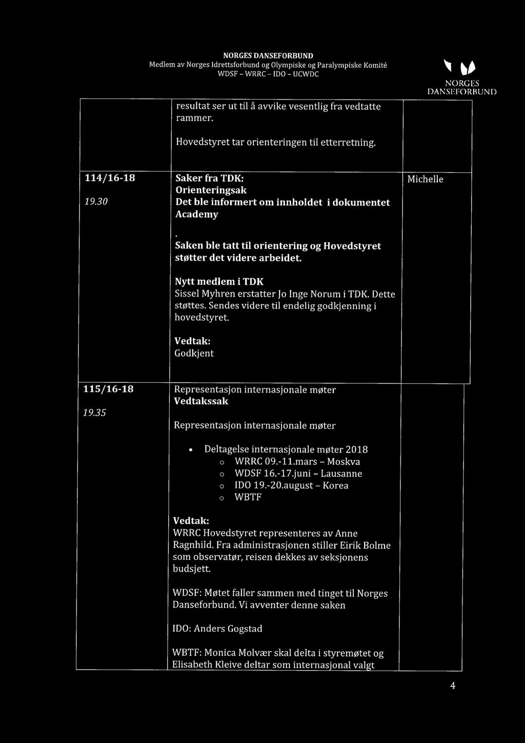 Nytt medlem i TDK Sissel Myhren erstatter Jo Inge Norum i TDK. Dette støttes. Sendes videre til endelig godkjenning i hovedstyret. Godkjent 115/16-18 Representasjon internasjonale møter Vedtakssak 19.