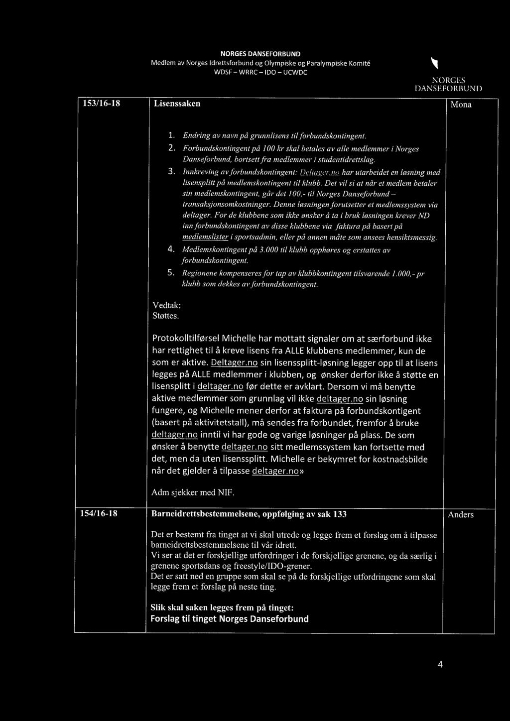 no har utarbeidet en løsning med lisensplitt på medlemskontingent til klubb. Det vil si at når et medlem betaler sin medlemskontingent, går det 100,- til Norges Danseforbund transaksjonsomkostninger.