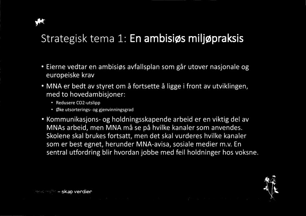 at Strategisk tema 1: En ambisiøs miljøpraksis IVINA - Eierne vedtar en ambisiøs avfallsplan som går utover nasjonale og europeiske krav MNA er bedt av styret om å fortsette å ligge i front av