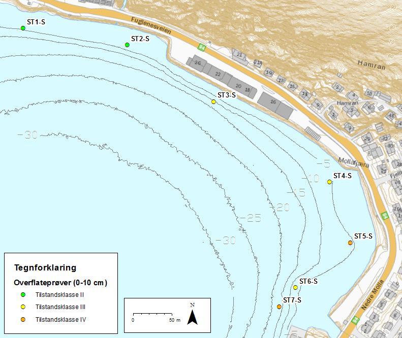 Prosjekt Ren havn Hammerfest Miljøundersøkelser av sjøbunnsediment multiconsult.no 3 Resultater Tabell 3-3 Analyseresultater for overflateprøver (0-10) markert med farger iht.