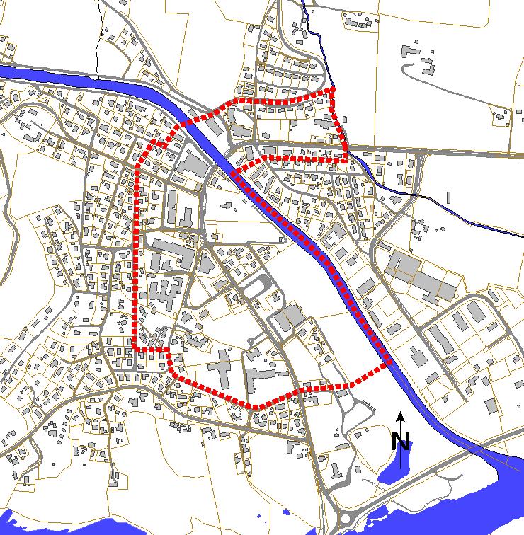 Indre sentrumssone (raud stipla line) jf. formannskapssak (sak 59/15, 9. juni 2015), og som vist i førebels vedlegg til regional plan for attraktive byar og tettstader i Oppland.