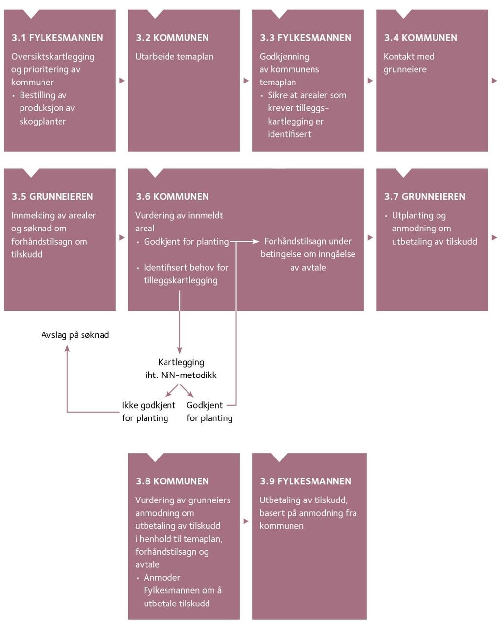 Pilotfasen for 'Planting av skog på nye areal som klimatiltak' M-1161 Figur 1: Flytskjema med beskrivelse av saksgangen i pilotfasen.