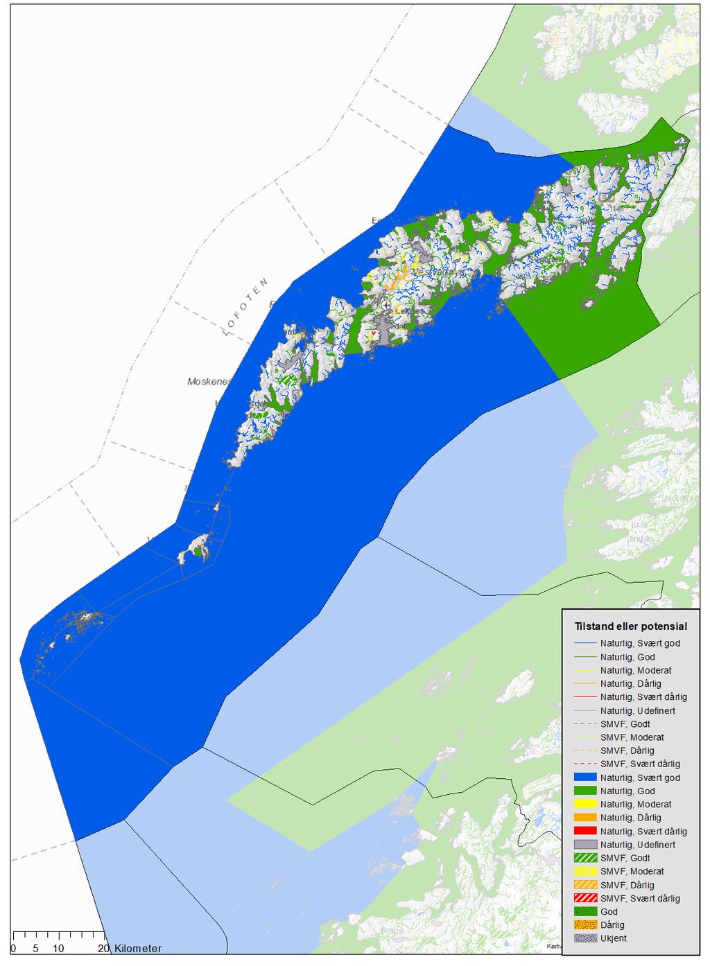 Figur 3.3. Økologisk tilstand eller potensial i vannområdet ut fra registrerte data i vann-nett. Kilde: Vann-nett 17.01.