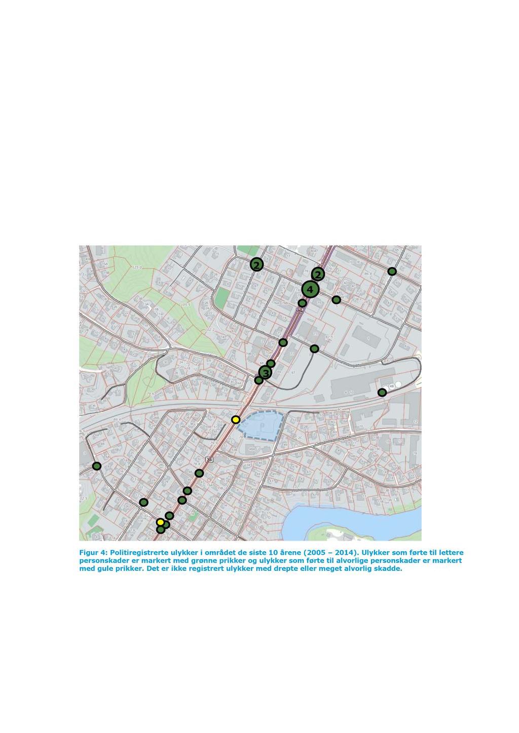 5 2.3 Trafikksikkerhet Informasjon om ulykkessituasjonen i nærområdet de siste 10 årene (2005 2014) er hentet fra N VDB. Ulykkene er markert i kartet i Figur 4 nedenfor.