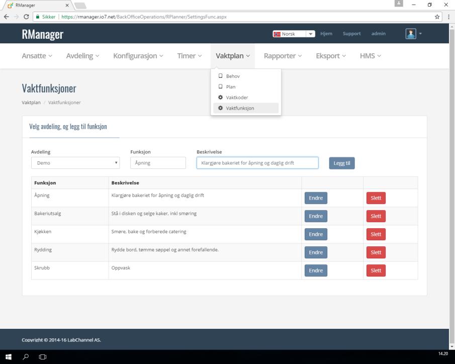 2.2 Registrer vaktfunksjon Velg «Vaktplan» og deretter «Vaktfunksjon». Nå kan du definere hvilke arbeidsoppgaver vaktene skal utføre. Se på bildet under for å få noen idéer.