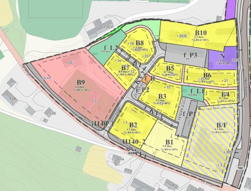 Planområdet som planforslaget omfatter er benevnt som B9.