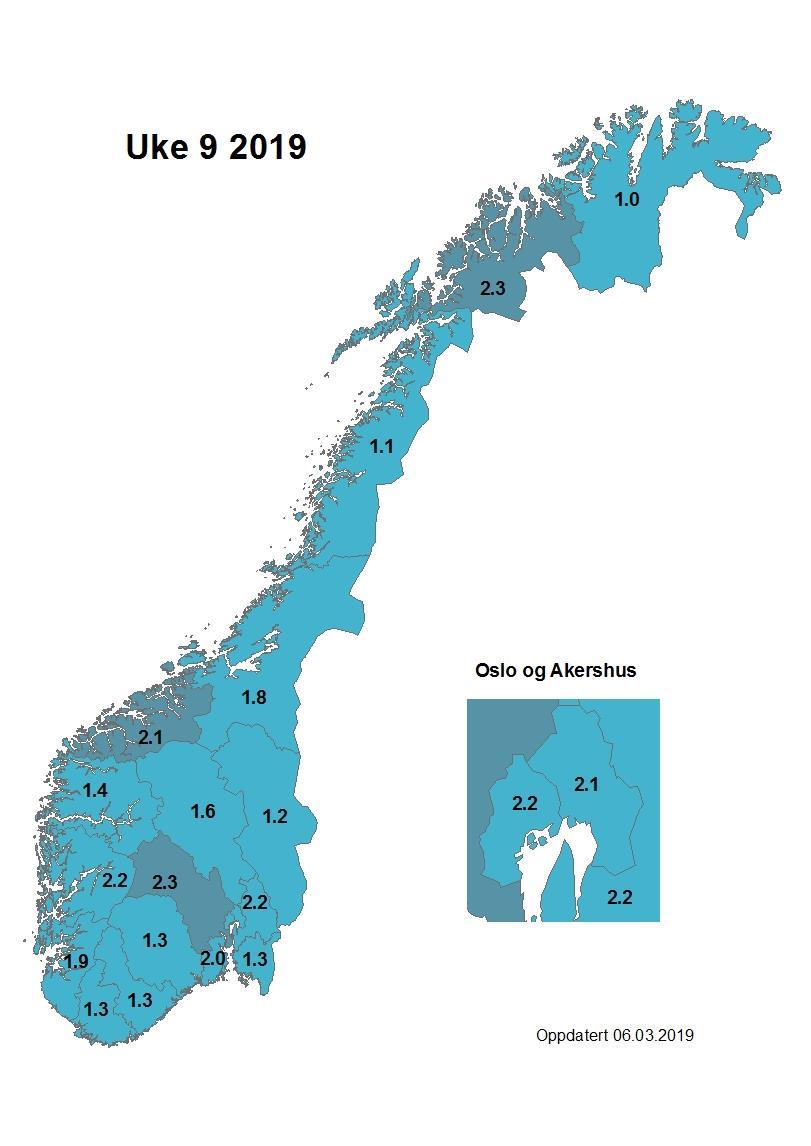 Kart med andel influensalignende sykdom Kartene under viser de fylkesvise andelene influensalignende sykdom fra uke 6 til og