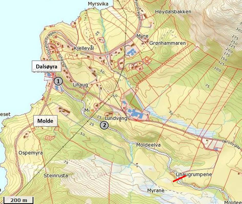 MOLDEELVEN Moldevassdraget (068.5Z) renner ut i Eidsfjorden ved Dalsøyra i Gulen Kommune (figur 5). Nedbørfeltet er 15,8 km², og har en gjennomsnittlig vannføring på 1,7 m 3 /s (http://nevina.nve.